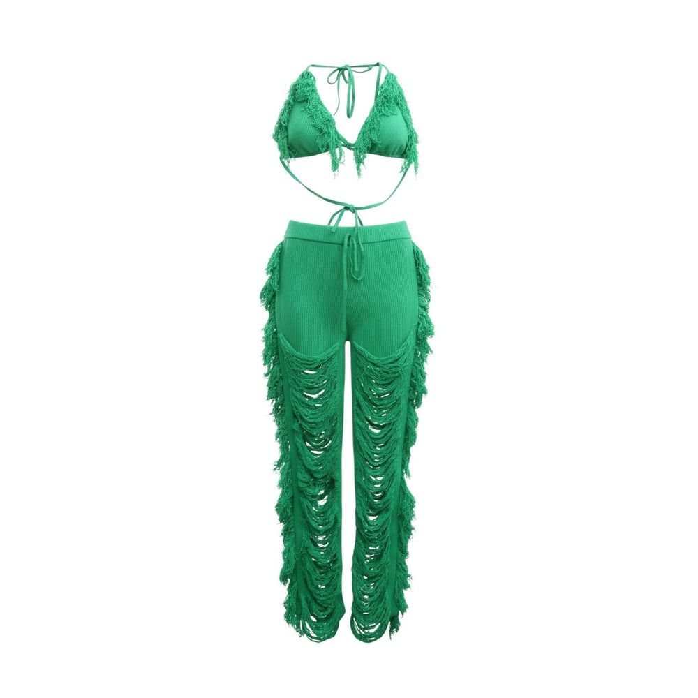 My Boo 2 Piece Fringe Set Womens Large Green Knit Halter Top Distressed Pants